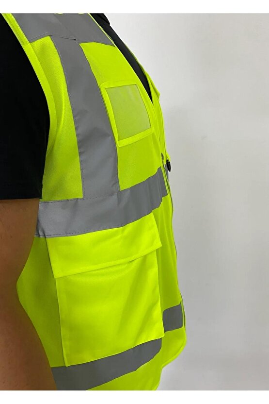 Yüksek Görünümlü Mühedis Yeleği 20 Adet Sarı L Beden Yelek Reflektörlü Fermuarlı Reflektik