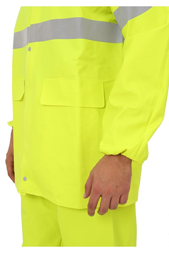 Yüksek Görünümlü Reflektörlü Dikişsiz Fermuarlı Yağmurluk Alt Üst Takım Pvc Su Geçirmez