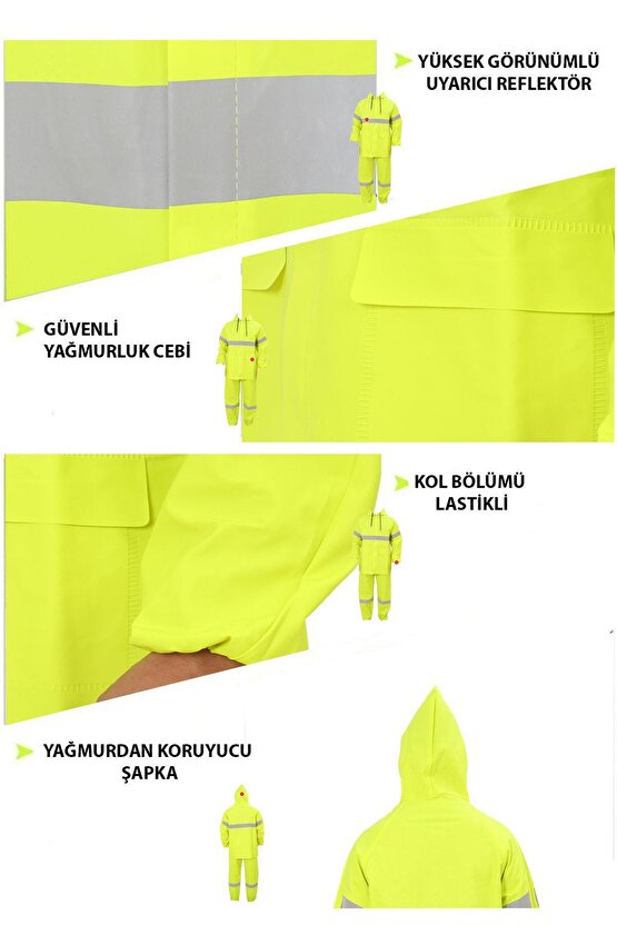 Yüksek Görünümlü Reflektörlü Dikişsiz Fermuarlı Yağmurluk Alt Üst Takım Pvc Su Geçirmez