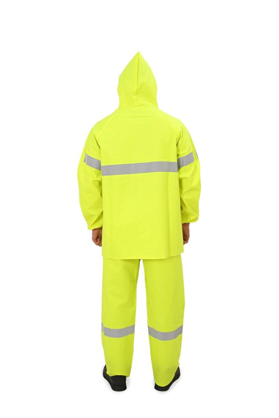 Yüksek Görünümlü Reflektörlü Dikişsiz Fermuarlı Yağmurluk Alt Üst Takım Pvc Su Geçirmez