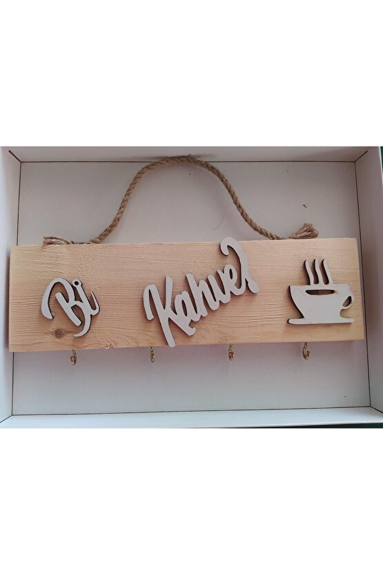 Ahşap Bi Kahve Yazısı Duvar Tablo Fincanlık & Anahtarlık - BEYAZ  Dekoratif  Mutfak Yazıları