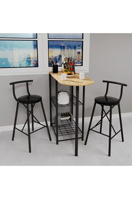 Mutfak Bar Masa Sandalye Takımı Katlanır Döşemeli Bar Sandalye 2 Kişilik Çam 1313