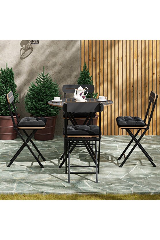 4 Kişilik Minderli Yuvarlak Bistro Takım Bahçe Mutfak Masa Sandalye