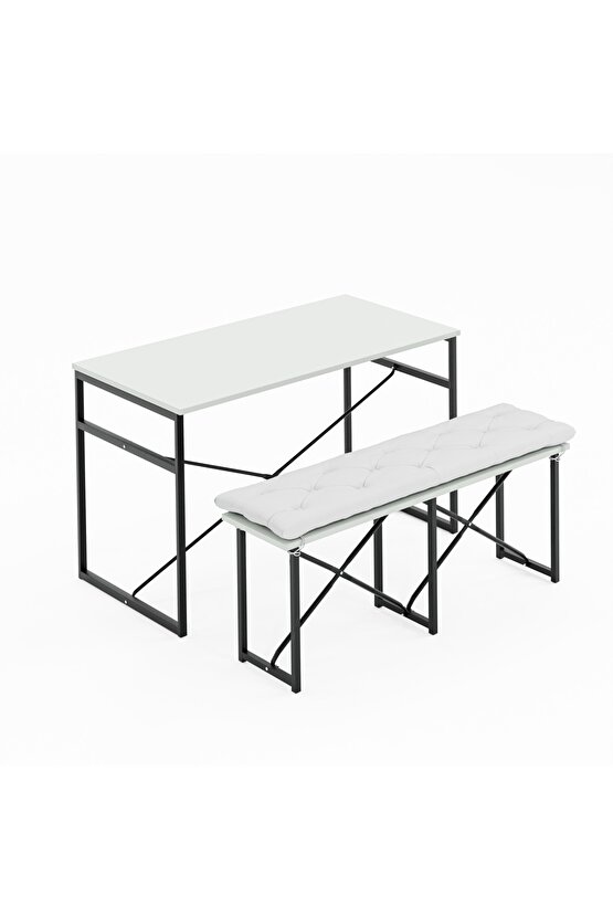 Masa Takımı Bench Bank Minderli Masa Seti 120x60 Mutfak ve Yemek Masası Beyaz 1563