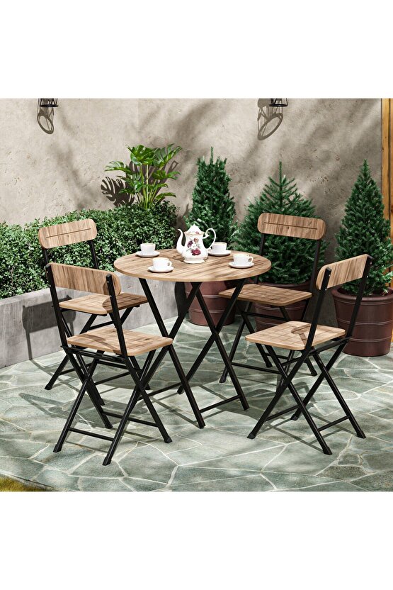 4 Kişilik Yuvarlak Bistro Takım Bahçe Mutfak Masa Sandalye Çam 1500