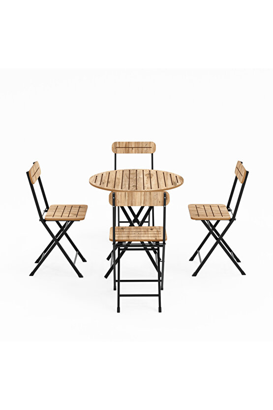 4 Kişilik Yuvarlak Bistro Takım Bahçe Mutfak Masa Sandalye Çam 1500