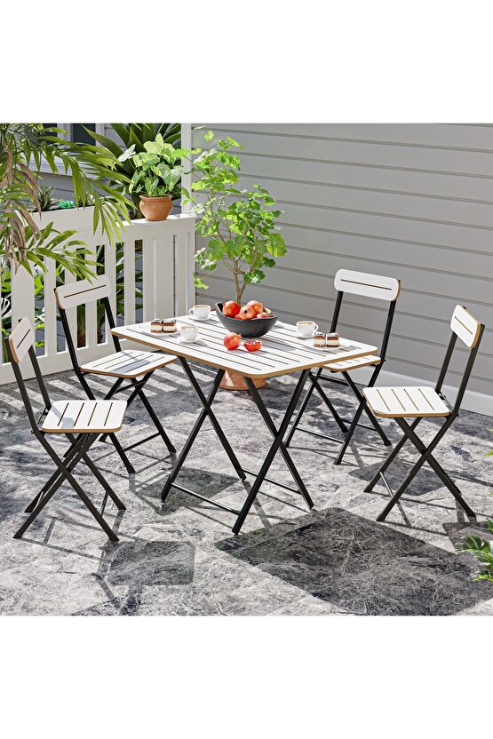 4 Kişilik Minderli Bistro Takım Bahçe Masa Sandalye Beyaz 1431