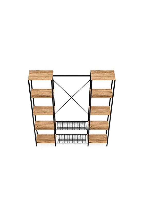 Çok Amaçlı Metal Ayaklı Çift Raflı Dolap Ayakkabılık Portatif Portmanto Gardırop Çam 1373