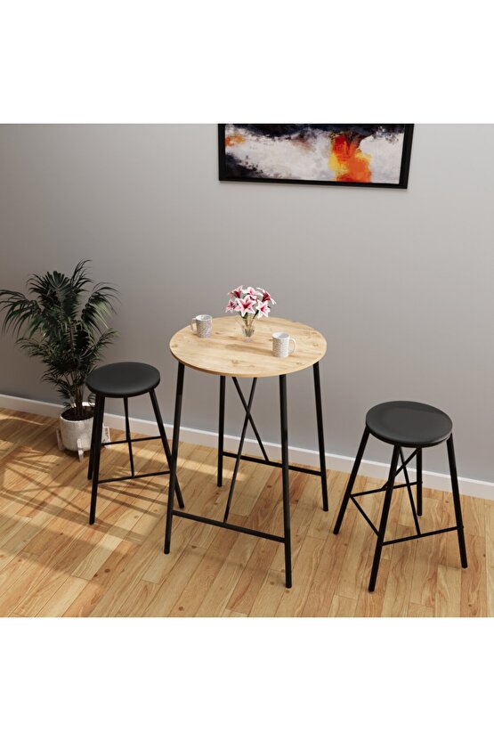 Atlantik Çam Döşemeli Siyah Bar Taburesi Seti Masası Mutfak Oval 2 Kişilik Yemek Masası 1249