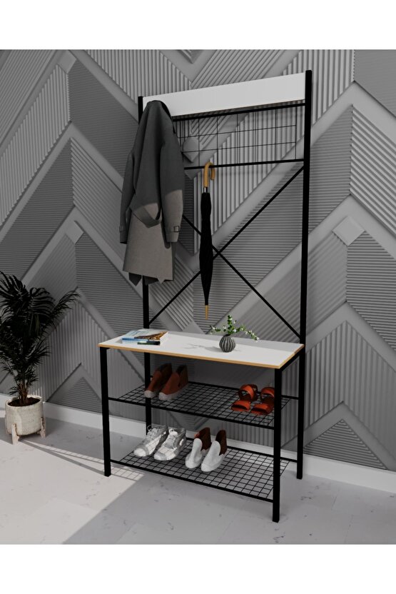 Geniş Metal Portmanto, Elbise Askılığı, Vestiyer, Ayakkabılık Beyaz 1347