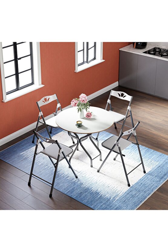 Katlanır Kırma Yuvarlak Beyaz Masa Sandalye Takımı Seti