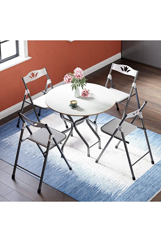 Mutfak Masa Sandalye Seti Bahçe Yemek Masa Seti Yuvarlak Beyaz 1050