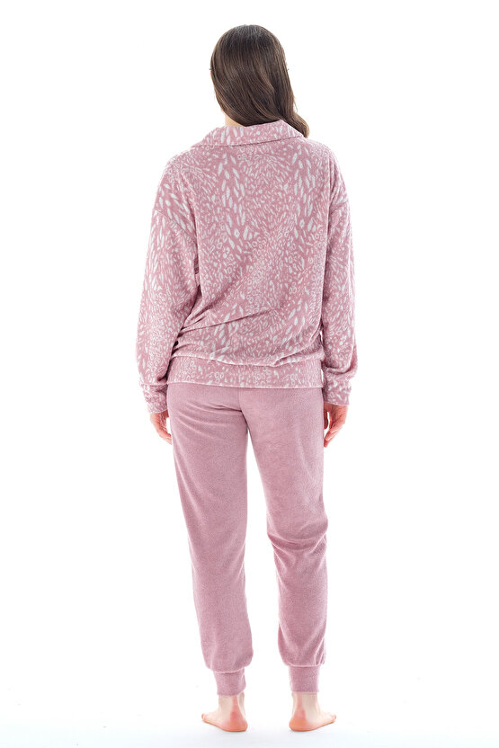 Kadın Asortik Yakalı Desenli Paçası Lastikli Havlu Pijama Takımı