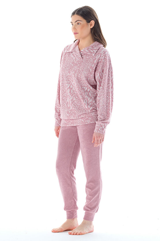 Kadın Asortik Yakalı Desenli Paçası Lastikli Havlu Pijama Takımı