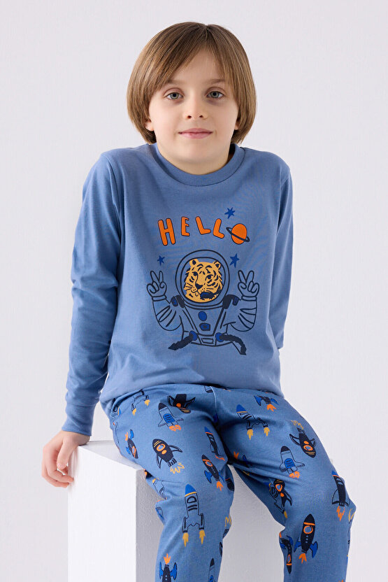 Erkek Çocuk Mavi Uzun Kol Pijama Takım