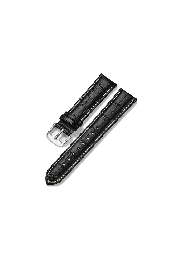 & Her Saate Uyumlu Hakiki Siyah Deri Saat Kordonu 22 mm (294) beyaz dikişli