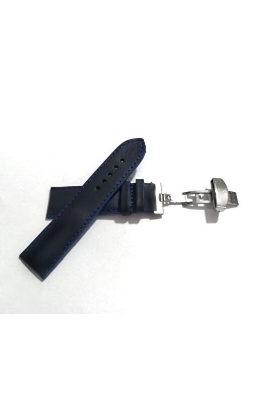 Her Saate Uygun Kelebek Toka 24 MM Deri (255) Uyumlu GUMUŞ TOKA MAVİ