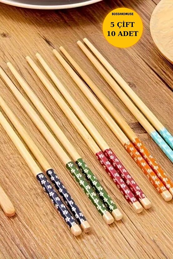 1. Kalite Bambu Çubuklar - Çiçek Desenli, 5 Çift (10 ADET) Çin Yemek Çubuğı Chopstick