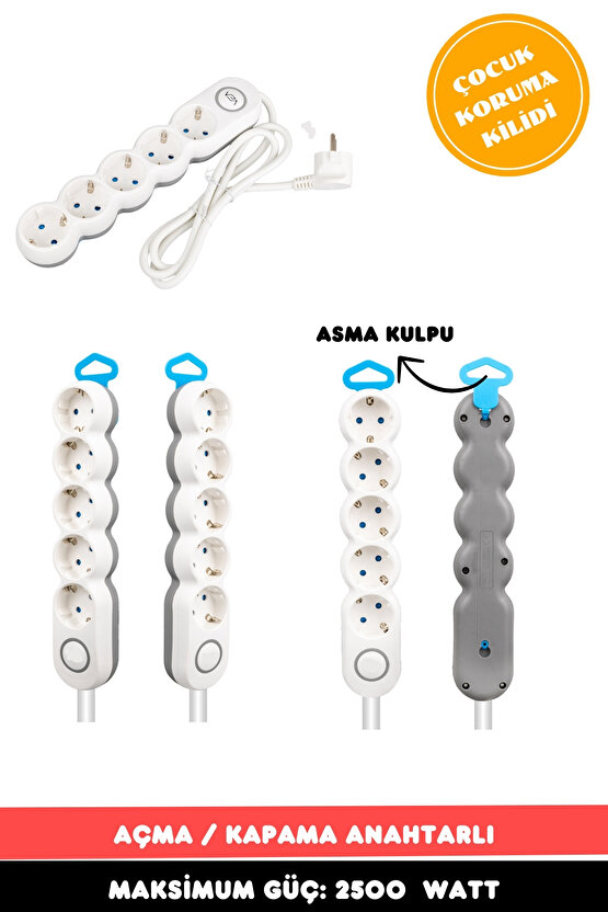 Akım Korumalı Isıya Dayanlıklı Asma Kulplu 5li 1.5 Metre Uzatma Kablosu Grup Priz