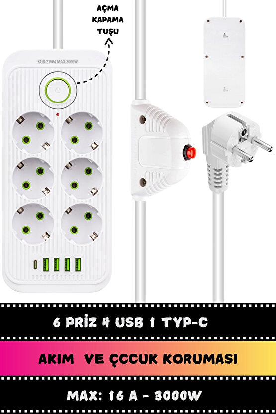 1.5 Metre Akım  Korumalı 6lı Çoklu Priz, 4 x Usb + 1 x Type-c Kablo  Altılı Grup Priz