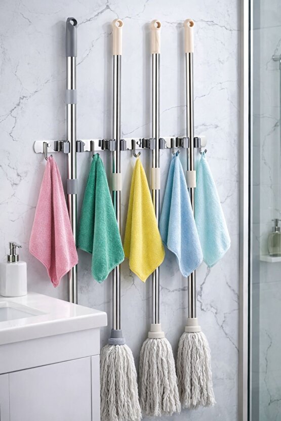 5 Kancalı 4 Mop Tutucu Paspas ve Süpürge Tutucu Askılık | 304 Paslanmaz Çelik Duvar Askısı