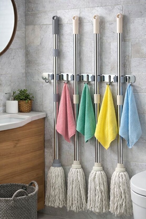 5 Kancalı 4 Mop Tutucu Paspas ve Süpürge Tutucu Askılık | 304 Paslanmaz Çelik Duvar Askısı