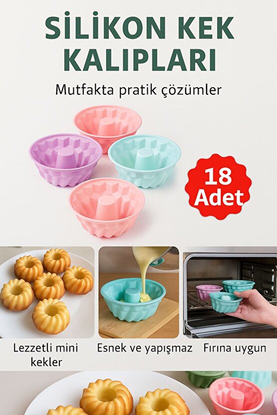 18’li Silikon Mini Kek Kalıbı – Renkli, Esnek, Yapışmaz