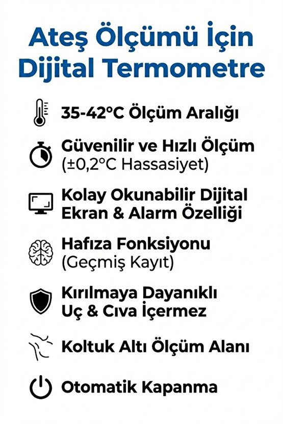 Bebek ve Çocuk İçin Dijital Çubuk Ateş Ölçer Termometre - Hassas Koltuk Altı Ölçüm