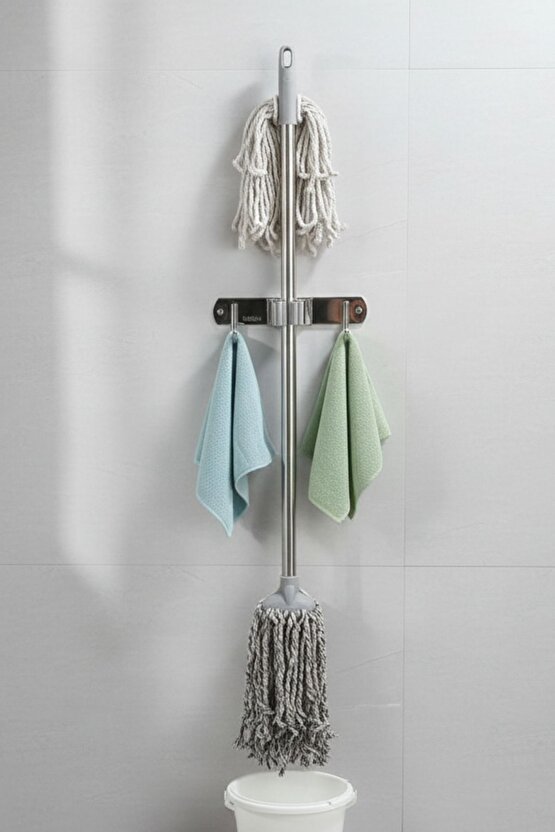 Mop Bez Havlı Askısı Duvara Monte – Paslanmaz Çelik Temizlik Aparatı Askılığı 304 Çelik