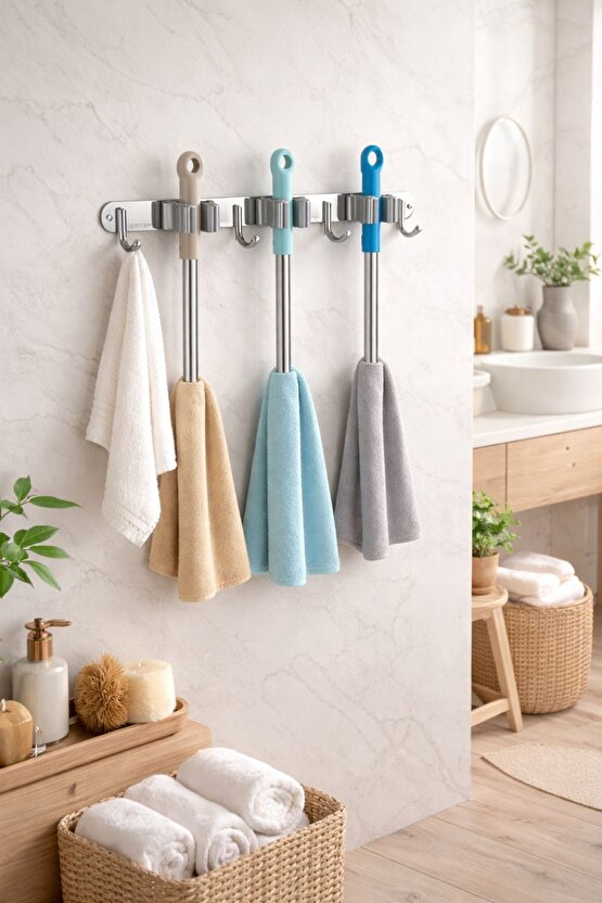 Paslanmaz Çelik Mop Askısı | Duvara Monte Mop ve Bez Tutucu 304 Çelik