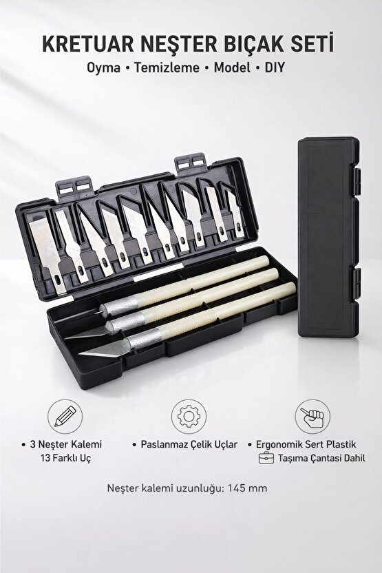 Kretuar Neşter Bıçak Seti 13 Uç + 3 Neşter Kalemi – Paslanmaz Çelik Hobi Neşteri