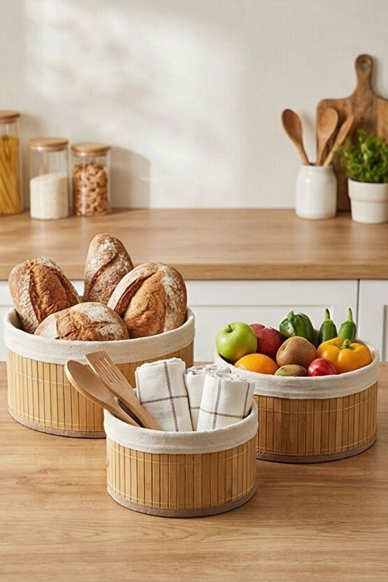 Yuvarlak Astarlı 3lü Bambu Sepet - Çok Amaçlı Meyve Sepeti Oyuncak Sepeti Organizer
