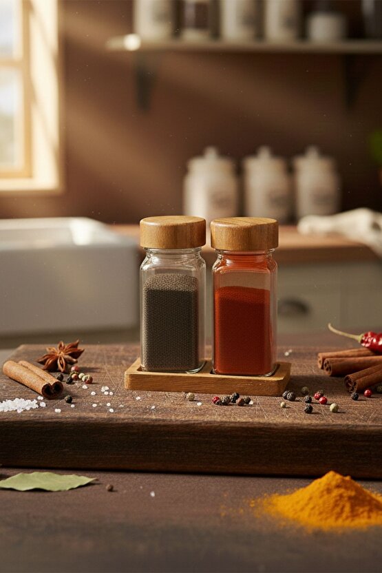 Standlı 3 Parça Bambu Kapaklı 2li Cam Baharatlık 120 Ml Tuzluk Biberlik