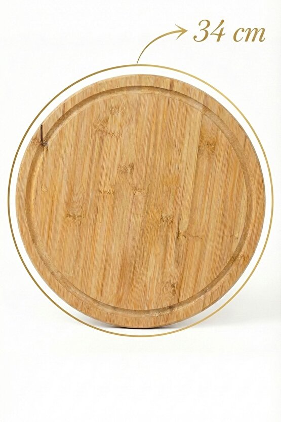 34 Cm Doğal Bambu Yuvarlak Kesme Tahtası, Sunum, Pizza ve Steak Tabağı