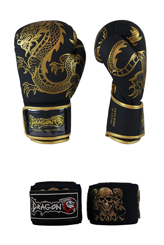 Gold Fury Boks Eldiveni Muay Thai Eldiveni ve Skull Gold 3,5 Mt Kuru Kafalı Boks Bandajı