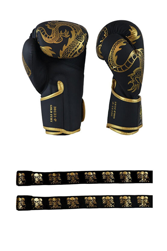 Gold Fury Boks Eldiveni Muay Thai Eldiveni ve Skull Gold 3,5 Mt Kuru Kafalı Boks Bandajı