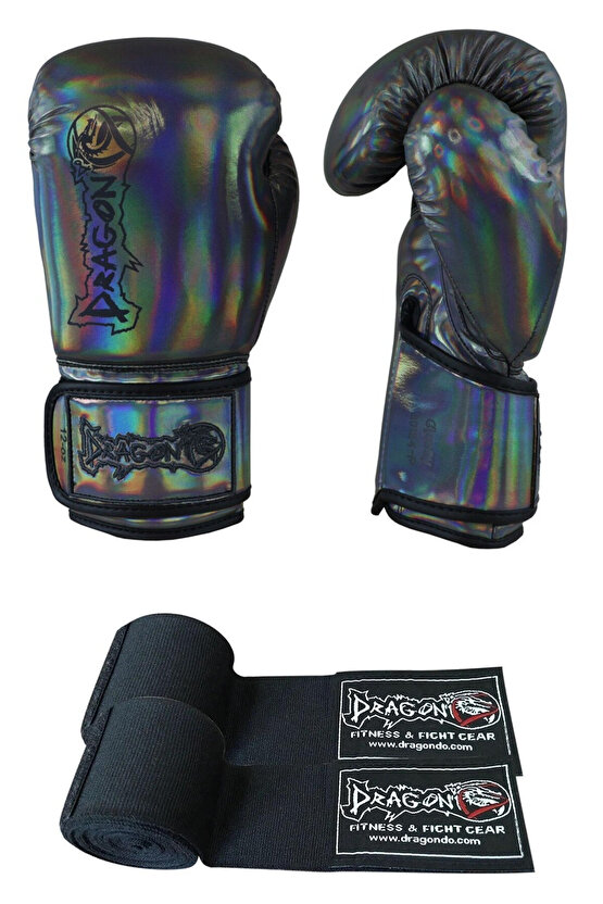 Glossy Kick Boks Eldiveni Muay Thai Müsabaka ve Antreman Eldiveni Bandajlı 2li Set
