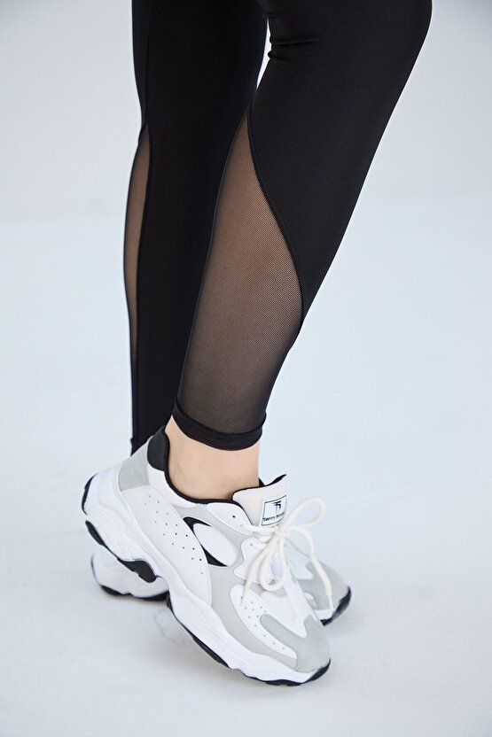 Siyah, Tül Detaylı Sporcu Taytı İnceltici Ve Sıkılaştırıcı