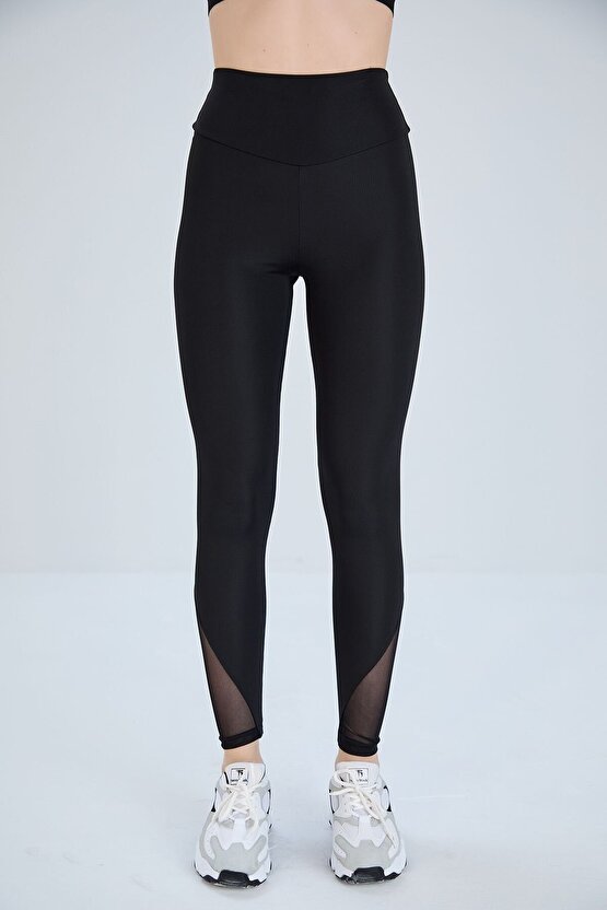 Siyah, Tül Detaylı Sporcu Taytı İnceltici Ve Sıkılaştırıcı