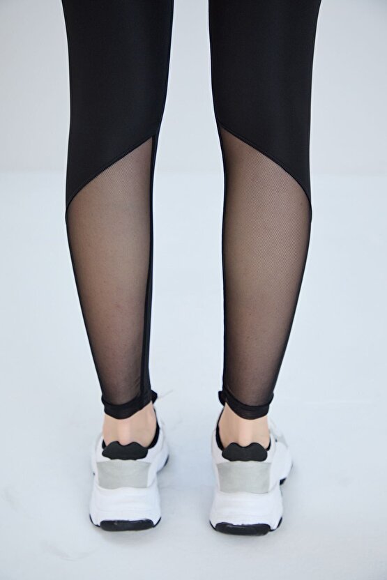 Siyah, Tül Detaylı Sporcu Taytı İnceltici Ve Sıkılaştırıcı