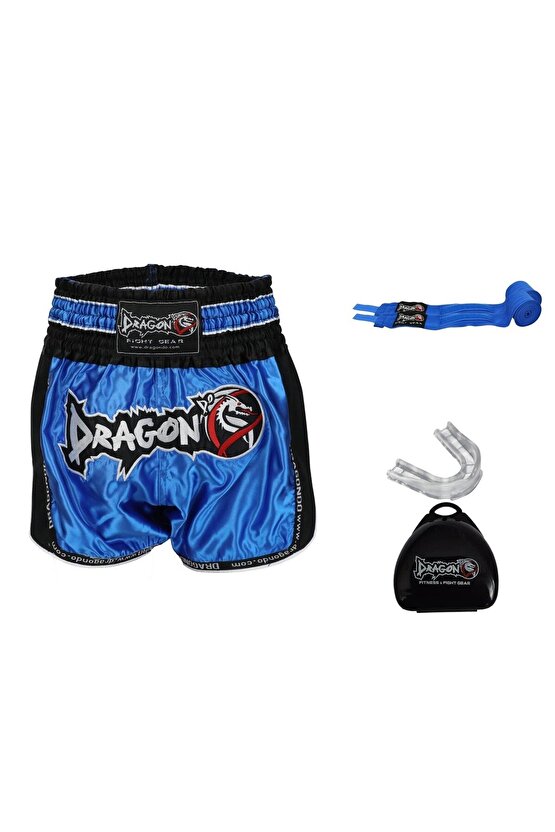 Dragon Retro Şort Muaythai Kick Boks  3,5 mt Bandaj ve Şeffaf Dişlik Kickboks Muay Thai 3lü Set