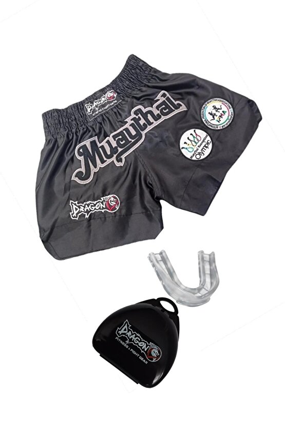 Muay Thai Federasyon Onaylı Nakışlı Maç Şortu Ve Şeffaf Dişlik 2li Set