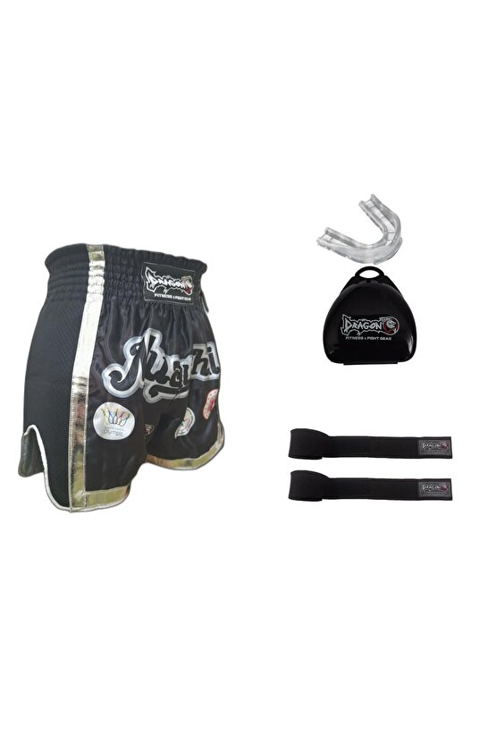 sporcu Mt2019 Onaylı Muay Thai Müsabaka Şort gri şeritli, Profesyonel  kutulu Dişlik ve 3.5mt bandaj