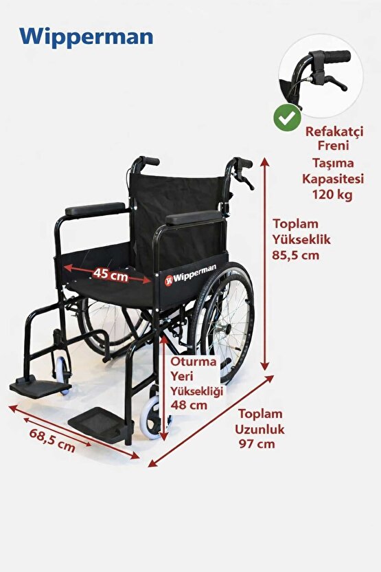 Wipperman marka Refakatçi Frenli Ekonomik Manuel Tekerlekli Sandalye