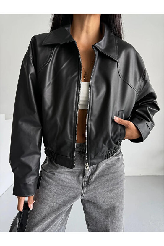 Kadın Bomber Beli Lastikli Deri Ceket