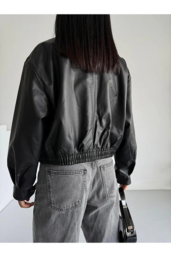 Kadın Bomber Beli Lastikli Deri Ceket