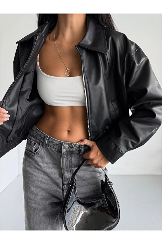 Kadın Bomber Beli Lastikli Deri Ceket