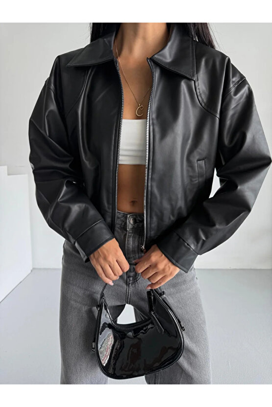 Kadın Bomber Beli Lastikli Deri Ceket