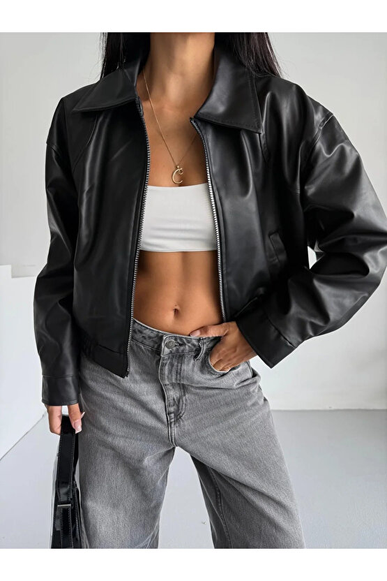 Kadın Bomber Beli Lastikli Deri Ceket