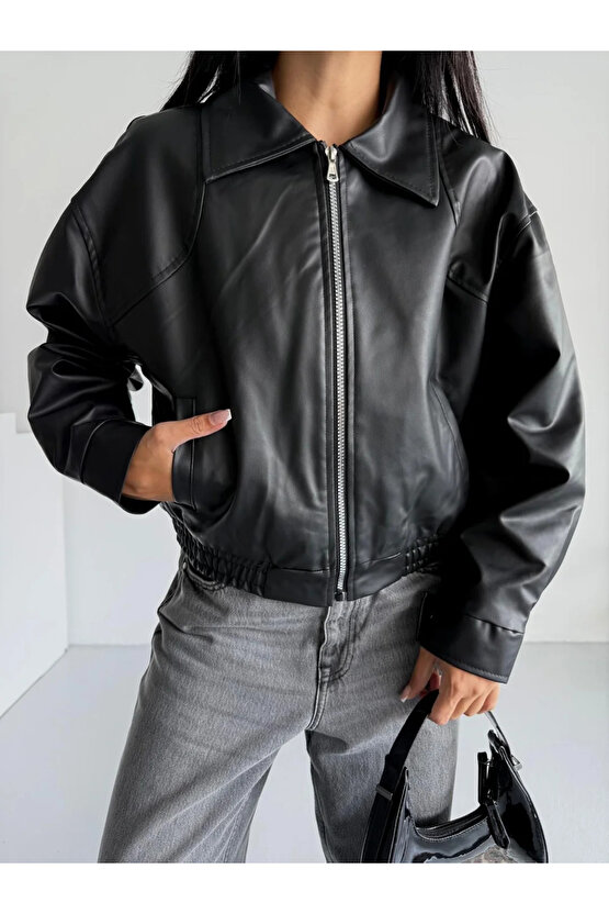 Kadın Bomber Beli Lastikli Deri Ceket